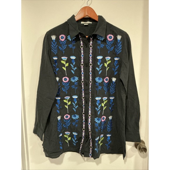 Coldwater Creek Tops - Coldwater Creek Floral embroidered button up shirt, Black, Small, Lagenlook